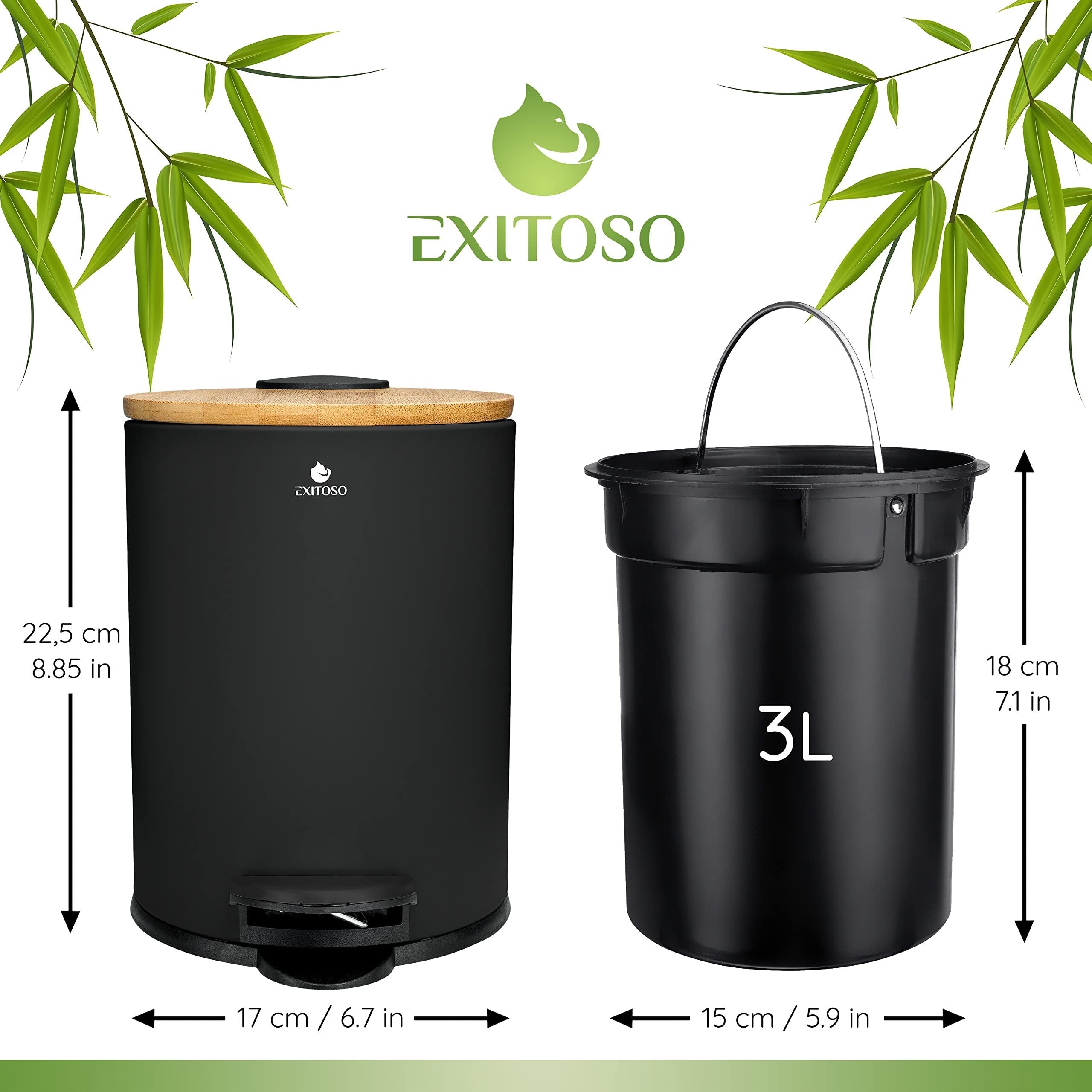 Exitoso? Bathroom Trash Can with Lid - Quiet Soft Close, Bamboo Lid, 0.8 gal (Black) EasyOptionXY LLC