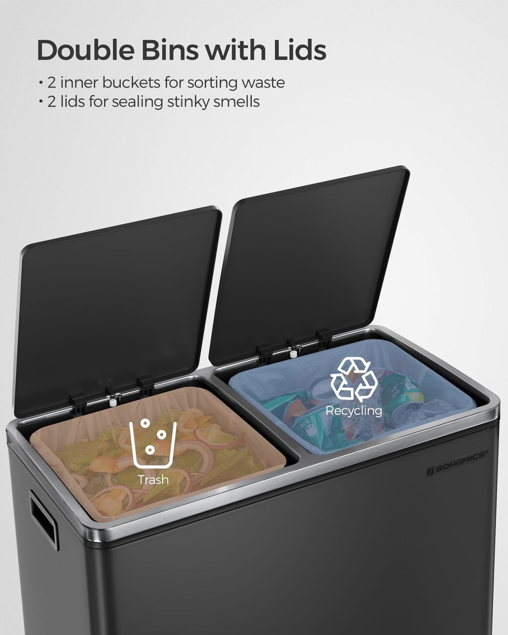 SONGMICS 16 Gallon Dual Trash Can, Rubbish Bin, Hinged Lids Airtight, Metal, Black EasyOptionXY LLC
