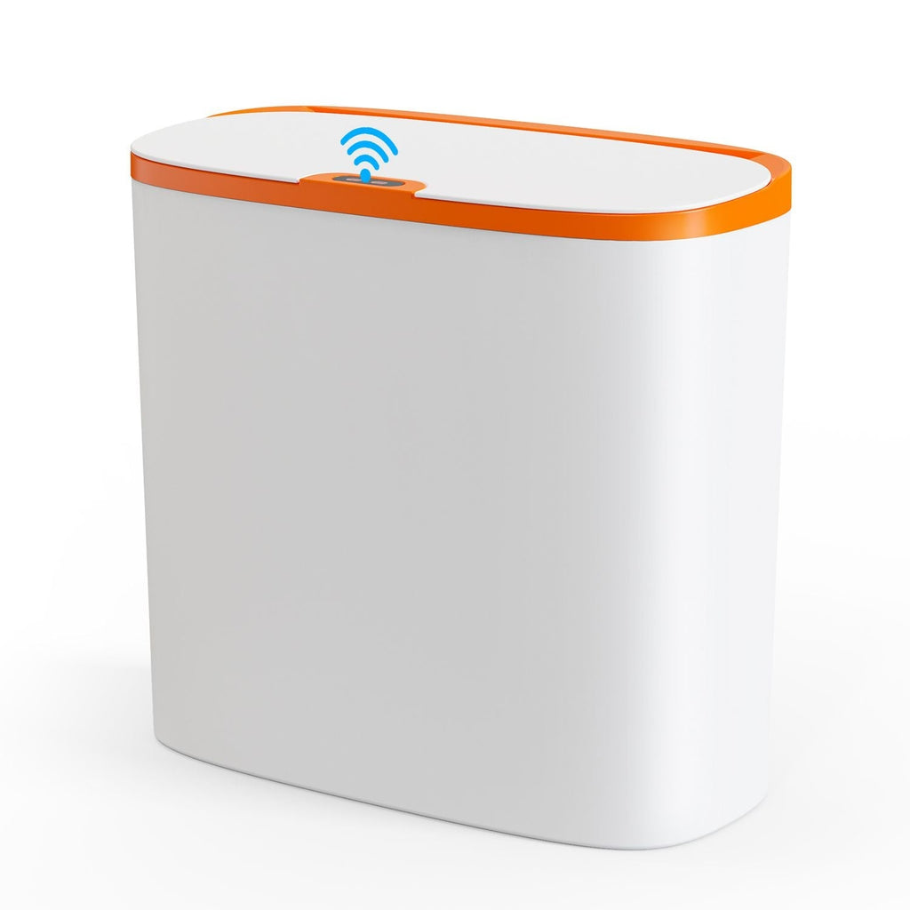 Automatic Sensor Trash Can with Lid: TINANA Waste Bin 3.2 Gallon Slimline for Bathroom, Bedroom, Kitchen, Office - White with Orange Trim EasyOptionXY LLC