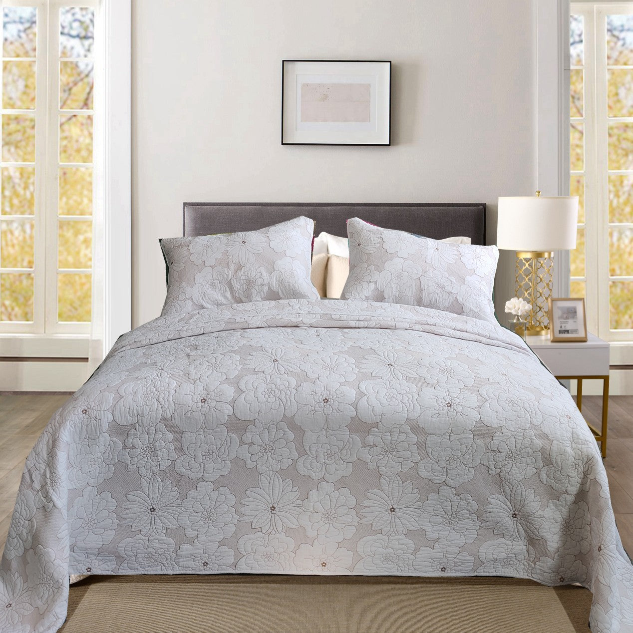 Cotton Thickened Pure White Beige Camellia Embroidery Three-piece Bed Cover Set Pi-Mart