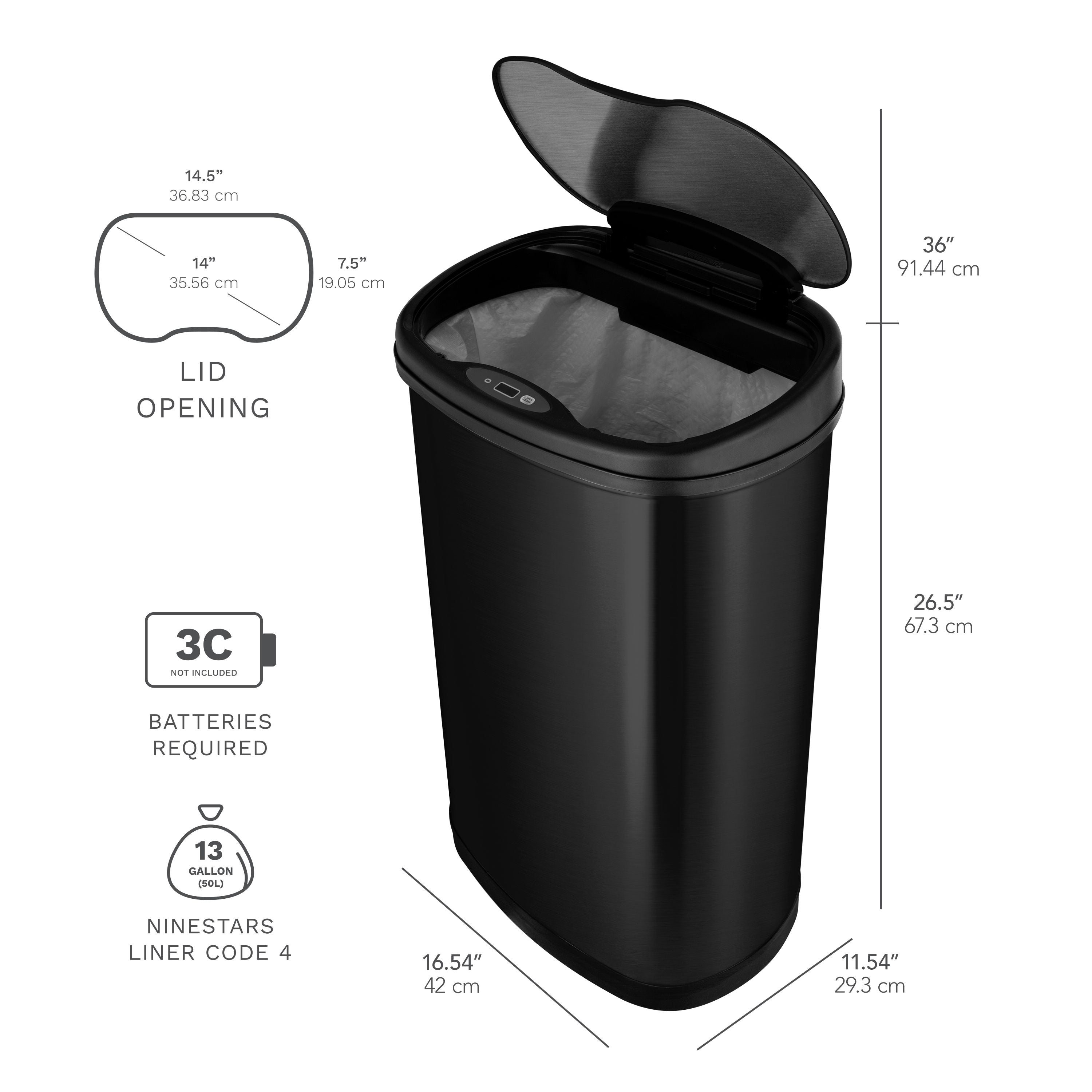 Nine Stars 13.2 Gallon Trash Can, Motion Sensor Kitchen Trash Can, Black Stainless Steel EasyOptionXY LLC