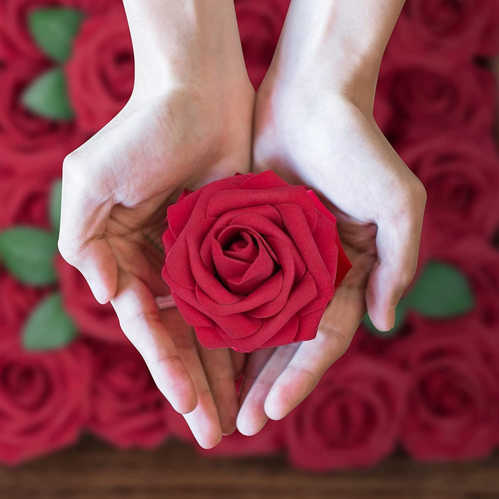 25 Pcs Artificial Rose Flowers, Foam Fake Flowers DIY Bouquets with Leaves and Stems for Wedding Party DIY Bouquets, Baby Shower, Home Decoration (Wine Red) EasyOptionXY LLC