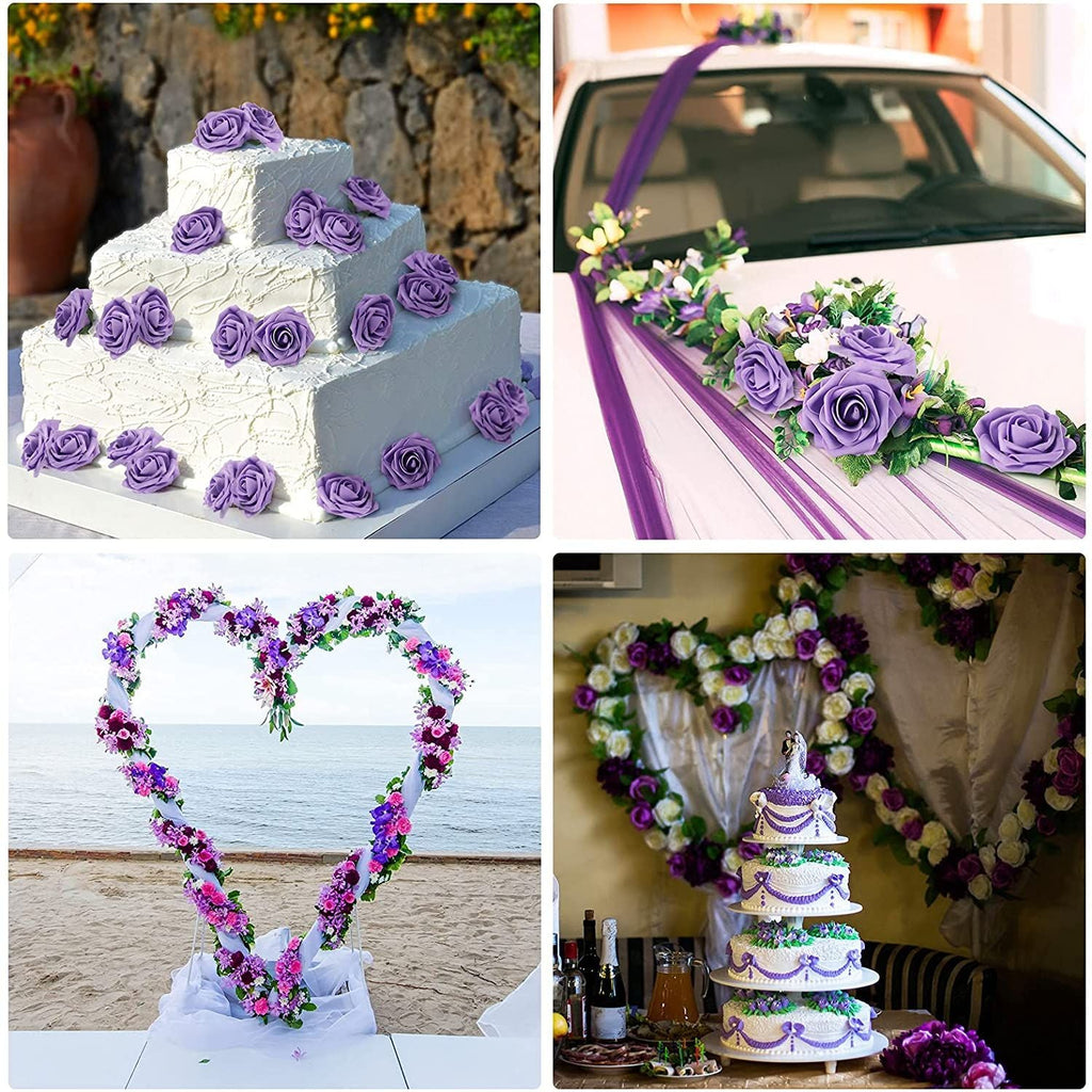 25 Pcs Artificial Rose Flowers, Foam Fake Flowers DIY Bouquets with Leaves and Stems for Wedding Party DIY Bouquets, Baby Shower, Home Decoration (Purple) EasyOptionXY LLC