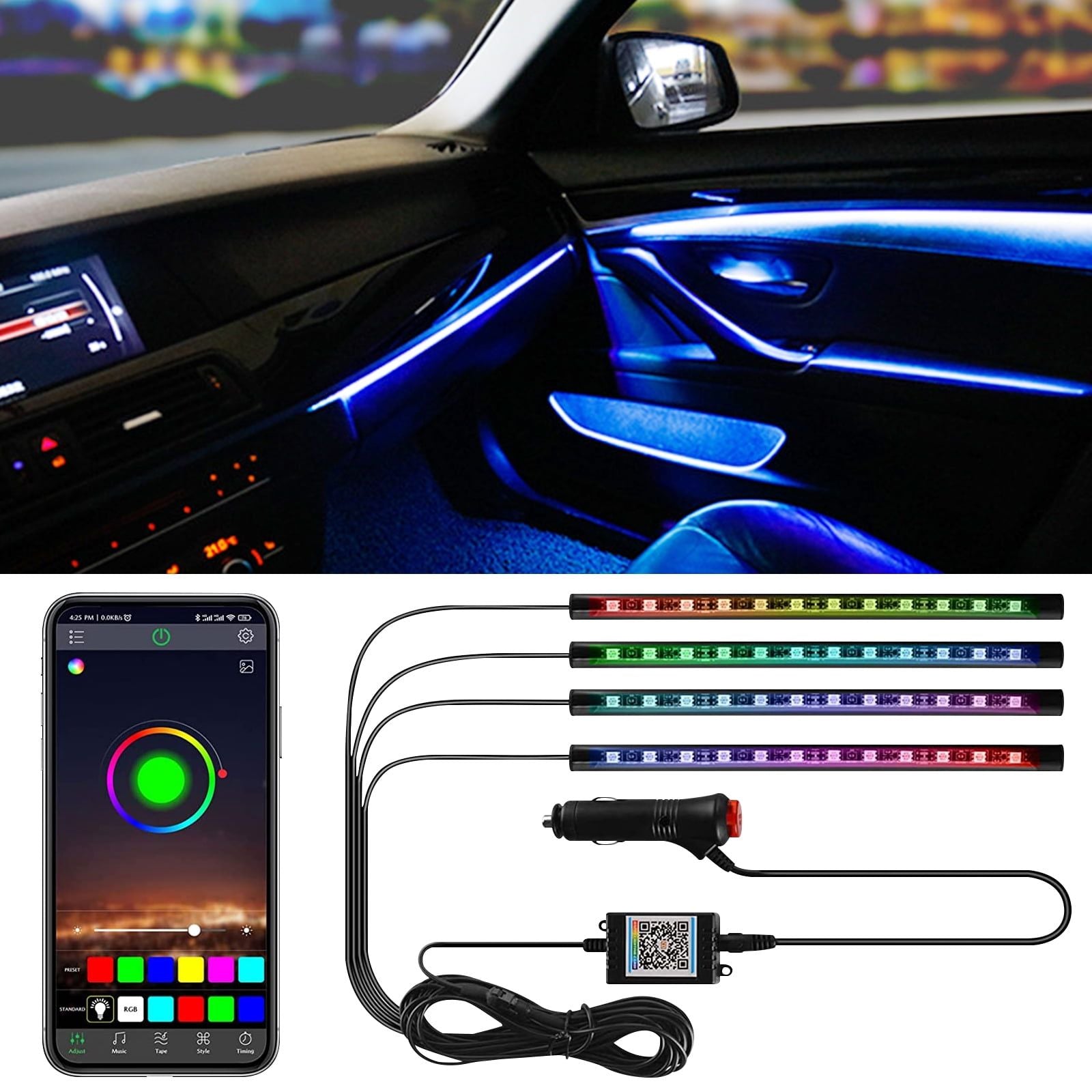 Multi-Color Strip Lights with App Control, Smart Interior 48 LED Car Lights with Music Mode, Under Dash Interior Lights for Cars, SUVs, DC 12V, 4 Pcs EasyOptionXY LLC