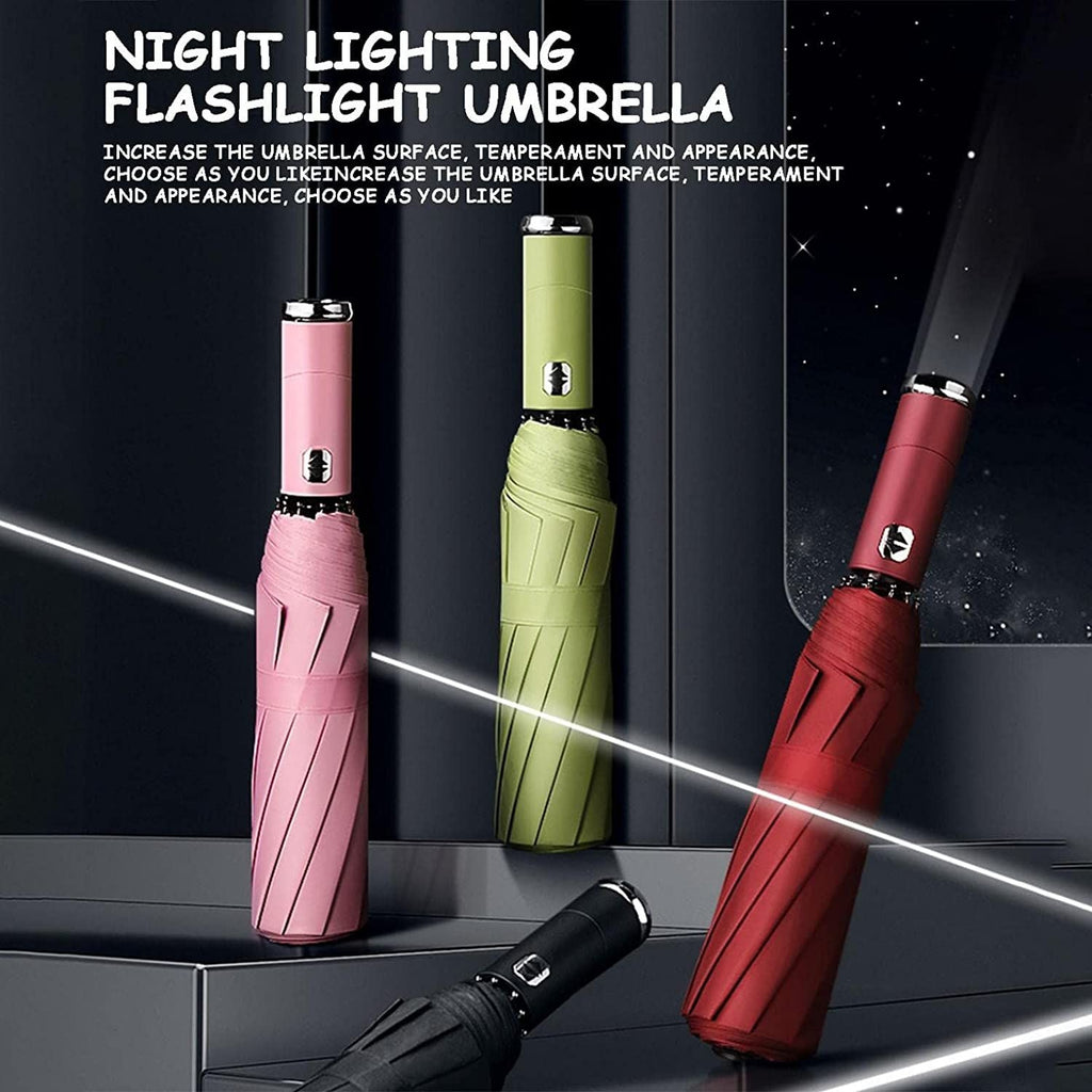 Automatic Folding Umbrella with LED Flashlight Handle, Travel Umbrella with 10 Ribs, Compact Umbrella for Kids Adults (Pink) EasyOptionXY LLC