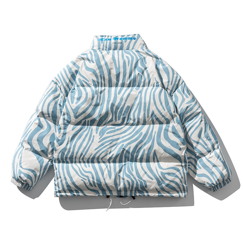 Men's Stand-Collar Down Jacket American Casual Loose Zebra Pattern Thick Coat