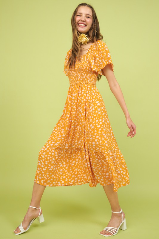 New Summer Flower Print Flutter Sleeve Smocked Midi Dress For Women – Fluttering, Trendy, Romantic and Feminine Style Stevvex