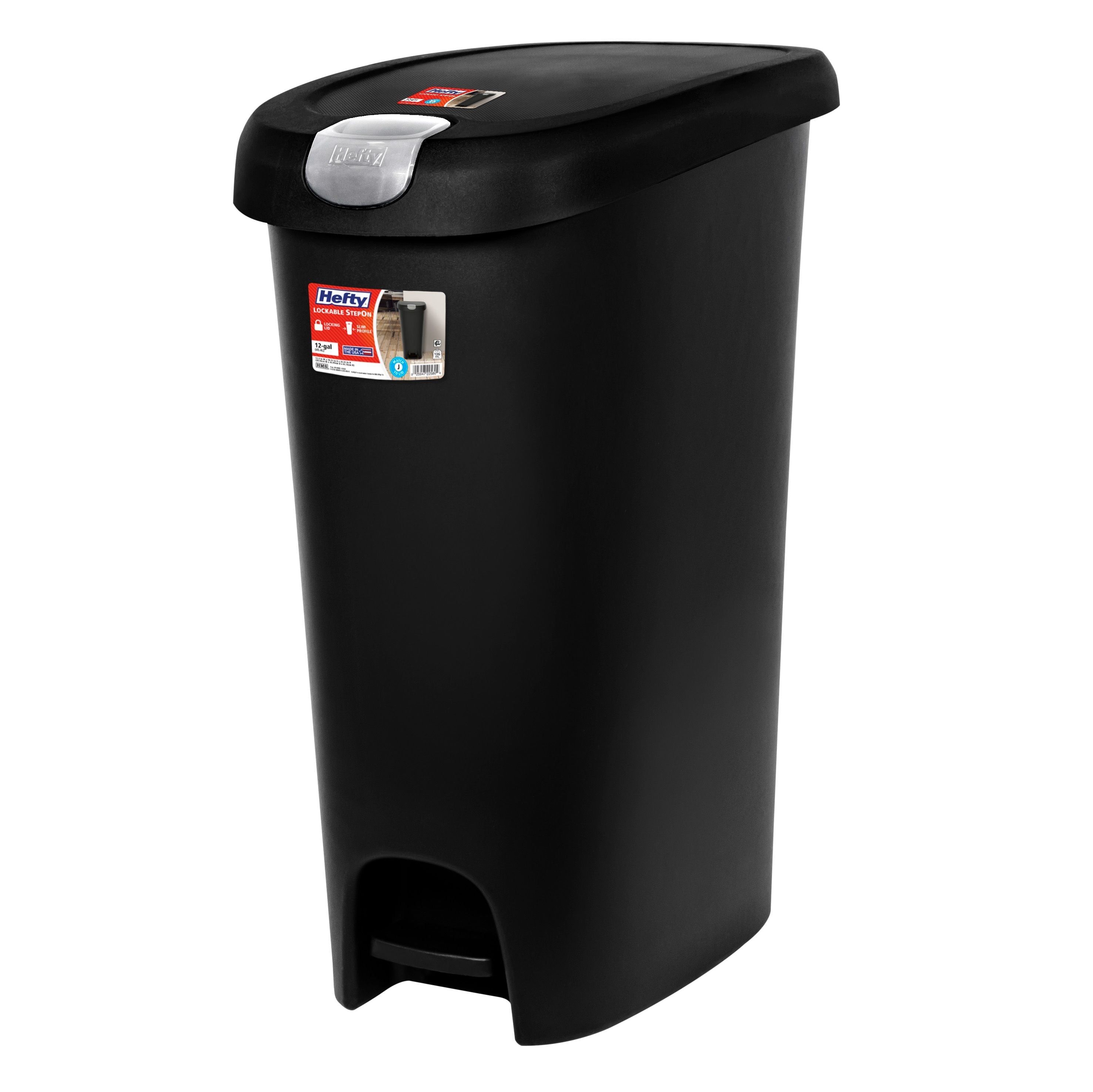 Hefty 12 Gallon Trash Can, Plastic Slim Lockable StepOn Kitchen Trash Can, Black