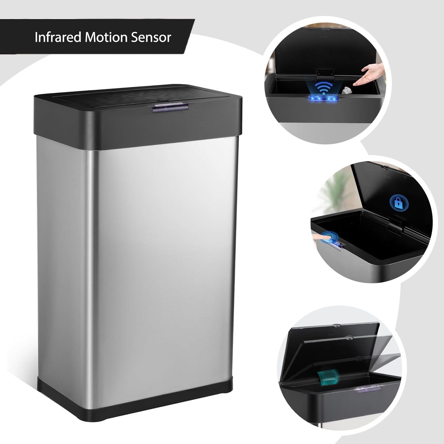 Silver Automatic Trash Can, Kitchen, Office, Bedroom Touchless Motion Sensor Trash Can Stainless Steel with Lid - 16 Gallon EasyOptionXY LLC
