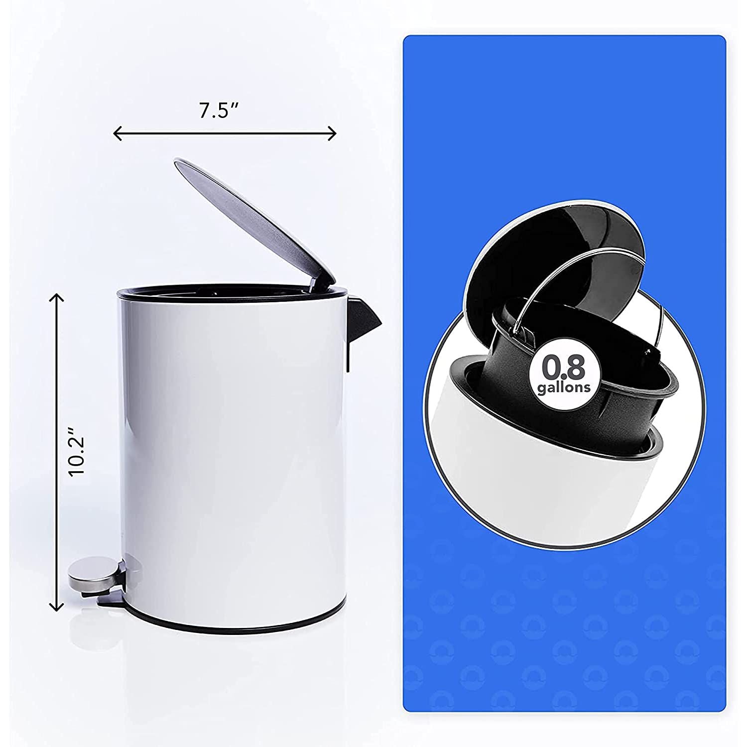 Bamodi Mini Step Trash Can 0.8 Gallons White - Soft-Closing System - Small Lidded Trash - Removable Inner Bucket