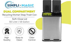 Simpli-Magic Dual Compartment Trash Can with Separate Foot Pedals Rectangular Stainless Steel Trash Bin, 60 L