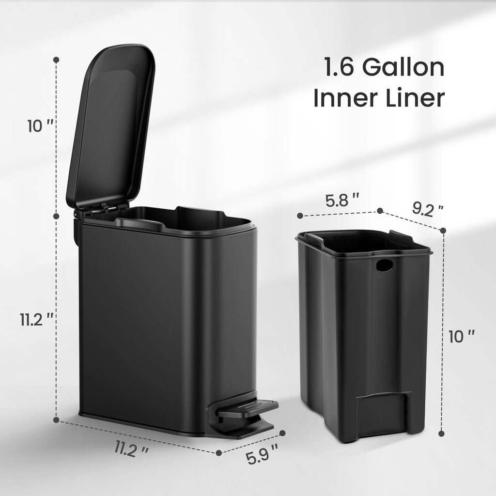 Cesun Small Bathroom Trash Can with Lid Soft Close, Step Pedal, 6 Liter / 1.6 Gallon Stainless Steel Garbage Can with Removable Inner Bucket, Anti-Fingerprint Finish (Matt Black) EasyOptionXY LLC