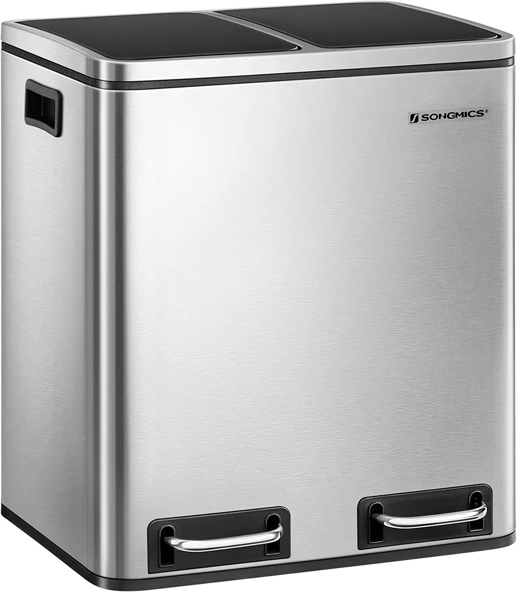 SONGMICS 8 Gallon Dual Trash Can, Small Garbage Can, Steel Pedal Recycle Bin with Lid, Silver EasyOptionXY LLC
