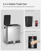 SONGMICS 8 Gallon Dual Trash Can, Small Garbage Can, Steel Pedal Recycle Bin with Lid, Silver EasyOptionXY LLC
