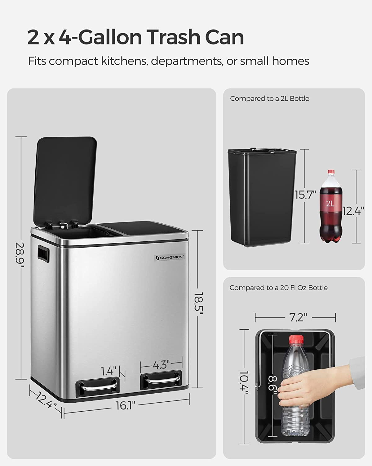 SONGMICS 8 Gallon Dual Trash Can, Small Garbage Can, Steel Pedal Recycle Bin with Lid, Silver EasyOptionXY LLC