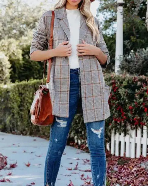 Ladies' Plaid Printed Open Collar Casual Suit Jacket - SJB-DIAMOND ELITES
