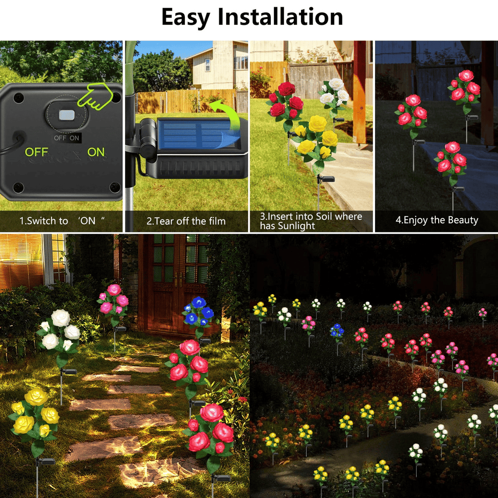4 Pack Solar Solar Rose Flower Lights, Outdoor Solar Garden Stake Lights, Waterproof LED Solar Landscape Lights with 5 Rose Flowers for Pathway Patio Yard Decorations, White EasyOptionXY LLC