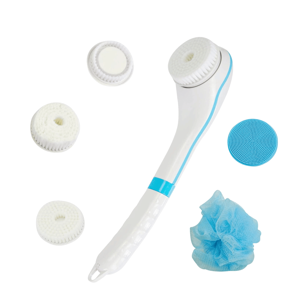 Electric Body Brush Shower, USB Rechargeable Back Body Brush with Long Handle, 5 in 1 Bath Shower Scrubber for Body Exfoliation and Massage Cleansing Set, Blue EasyOptionXY LLC