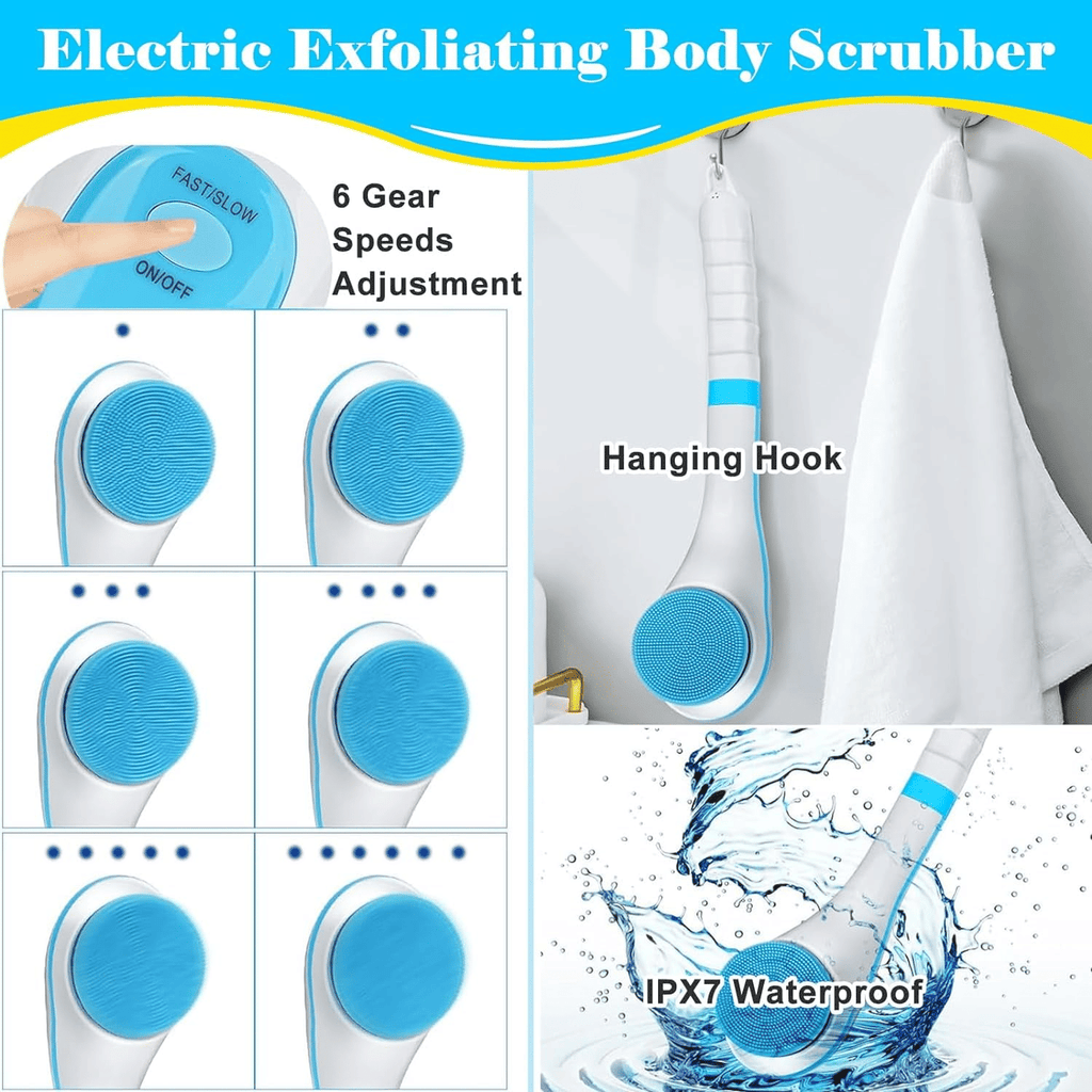 Electric Body Brush Shower, USB Rechargeable Back Body Brush with Long Handle, 5 in 1 Bath Shower Scrubber for Body Exfoliation and Massage Cleansing Set, Blue EasyOptionXY LLC