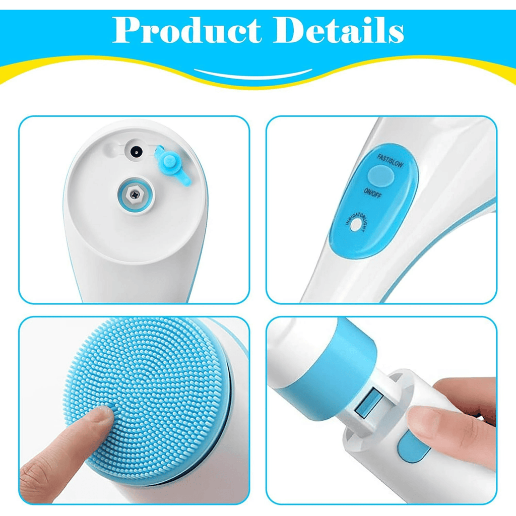 Electric Body Brush Shower, USB Rechargeable Back Body Brush with Long Handle, 5 in 1 Bath Shower Scrubber for Body Exfoliation and Massage Cleansing Set, Blue EasyOptionXY LLC