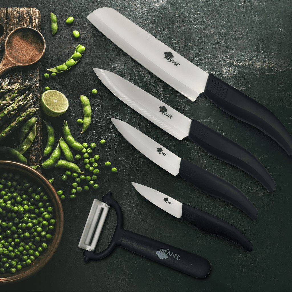 Rust Proof Ceramic Knife with Cover for Home Kitchen, 5 Piece Professional Knife Set with Chef Knife, Utility Knife, Paring Knife and Fruit Knife (Black) EasyOptionXY LLC