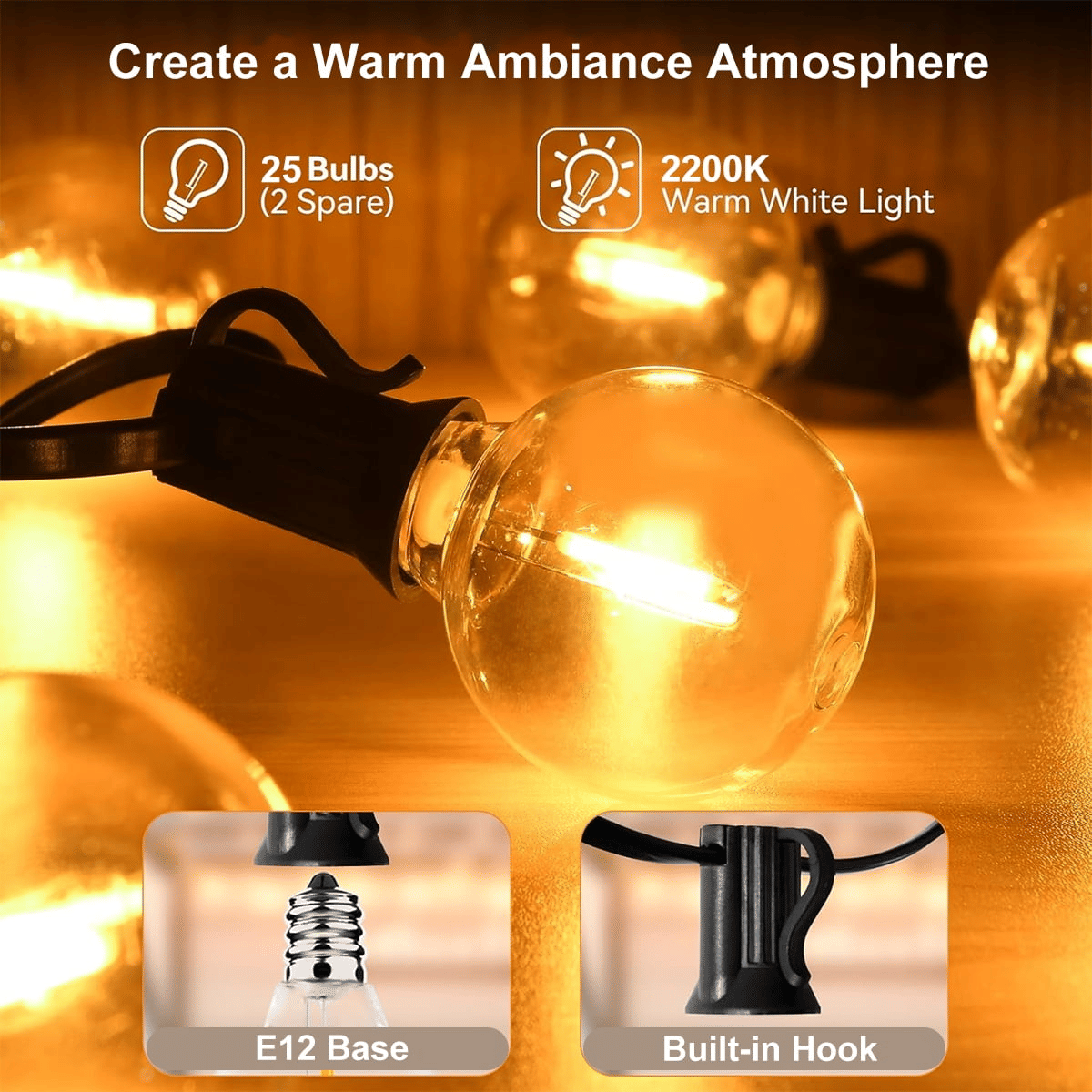 G40 LED Globe String Lights, 25 FT Outdoor Patio Light with 25+2 LED Bulbs, Waterproof Hanging Lights for Backyard Porch Deck Party Decor, 2200K, Black EasyOptionXY LLC