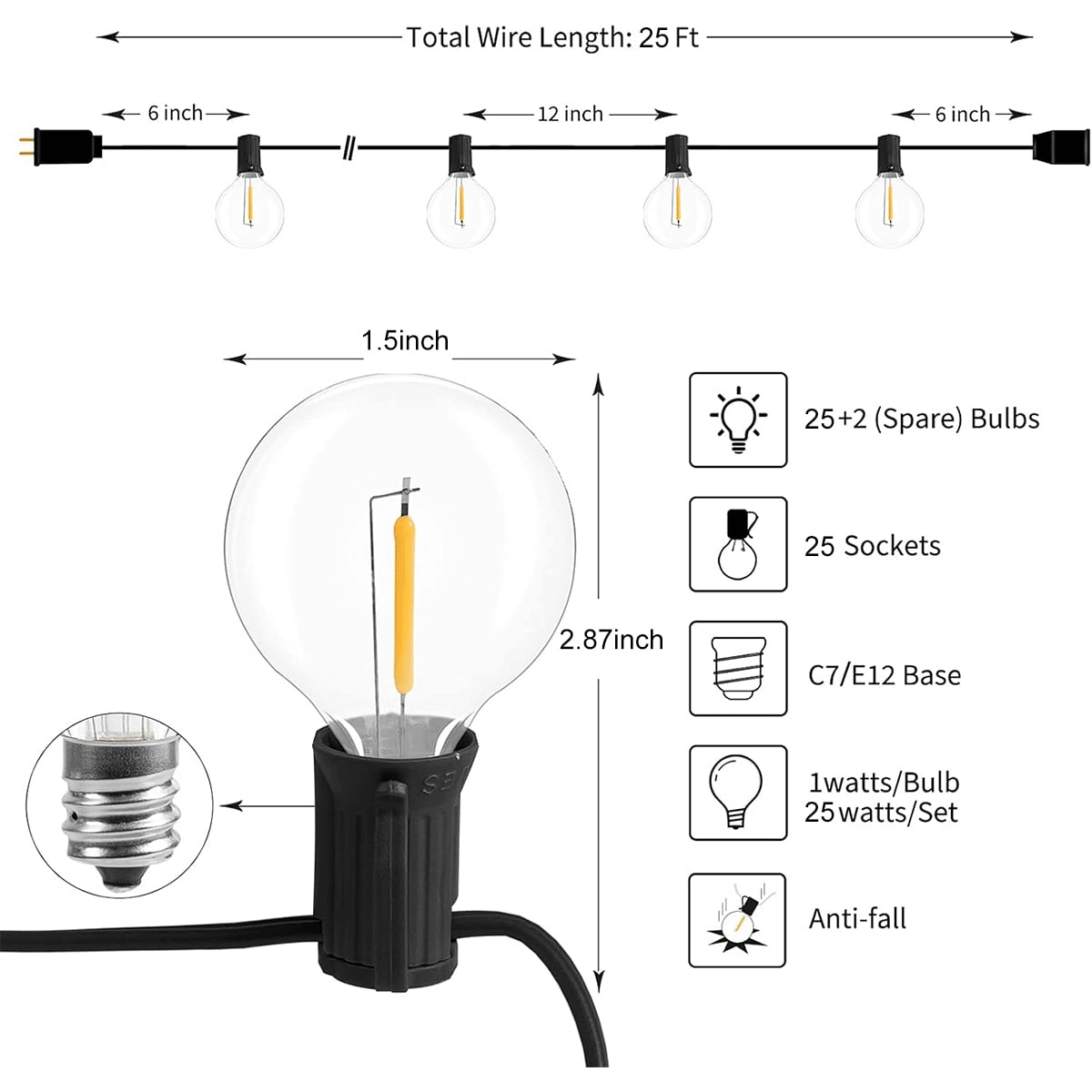 G40 LED Globe String Lights, 25 FT Outdoor Patio Light with 25+2 LED Bulbs, Waterproof Hanging Lights for Backyard Porch Deck Party Decor, 2200K, Black EasyOptionXY LLC