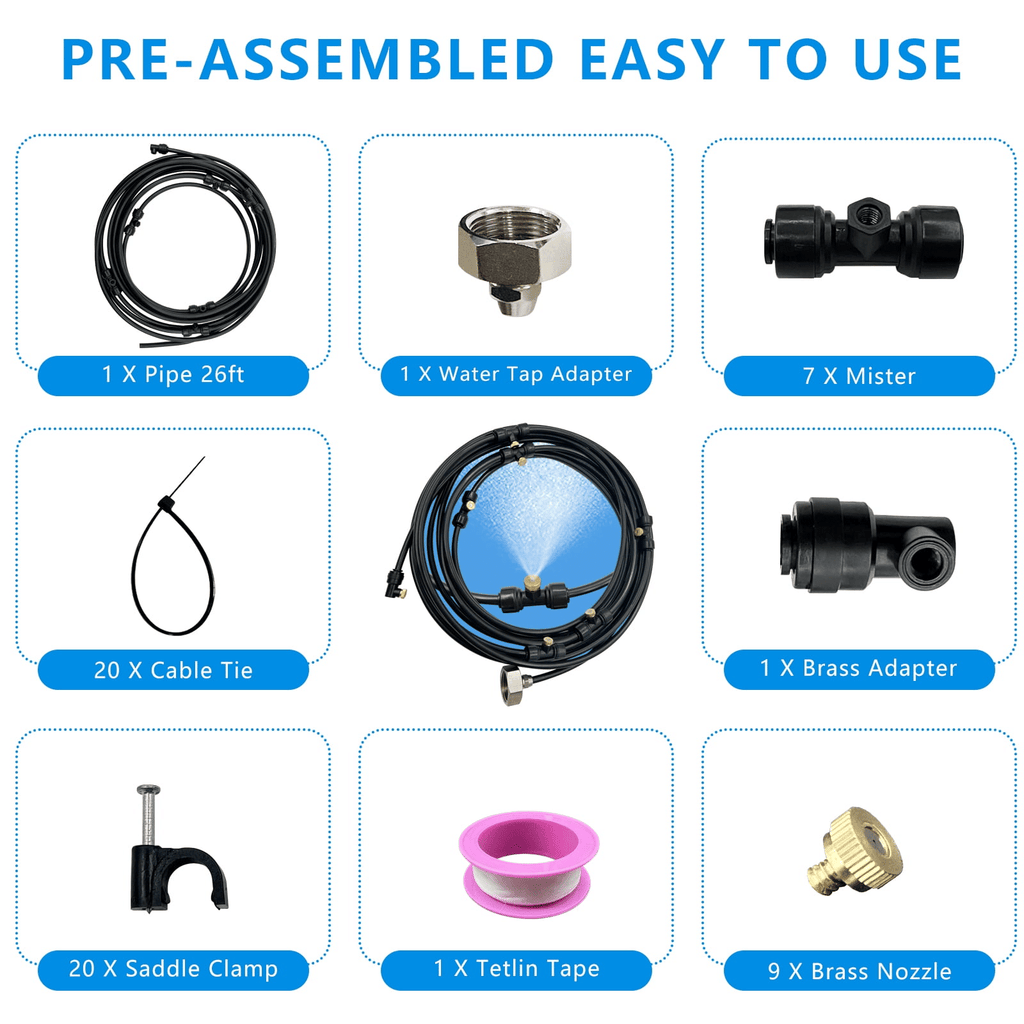 Misters for Outside Patio, 26Ft (8M) Outdoor Misting Cooling System, Water Misting Kit for Porch, Canopy, Deck, Garden, Yard, Trampoline Sprinkler Accessories for Kids, Black EasyOptionXY LLC