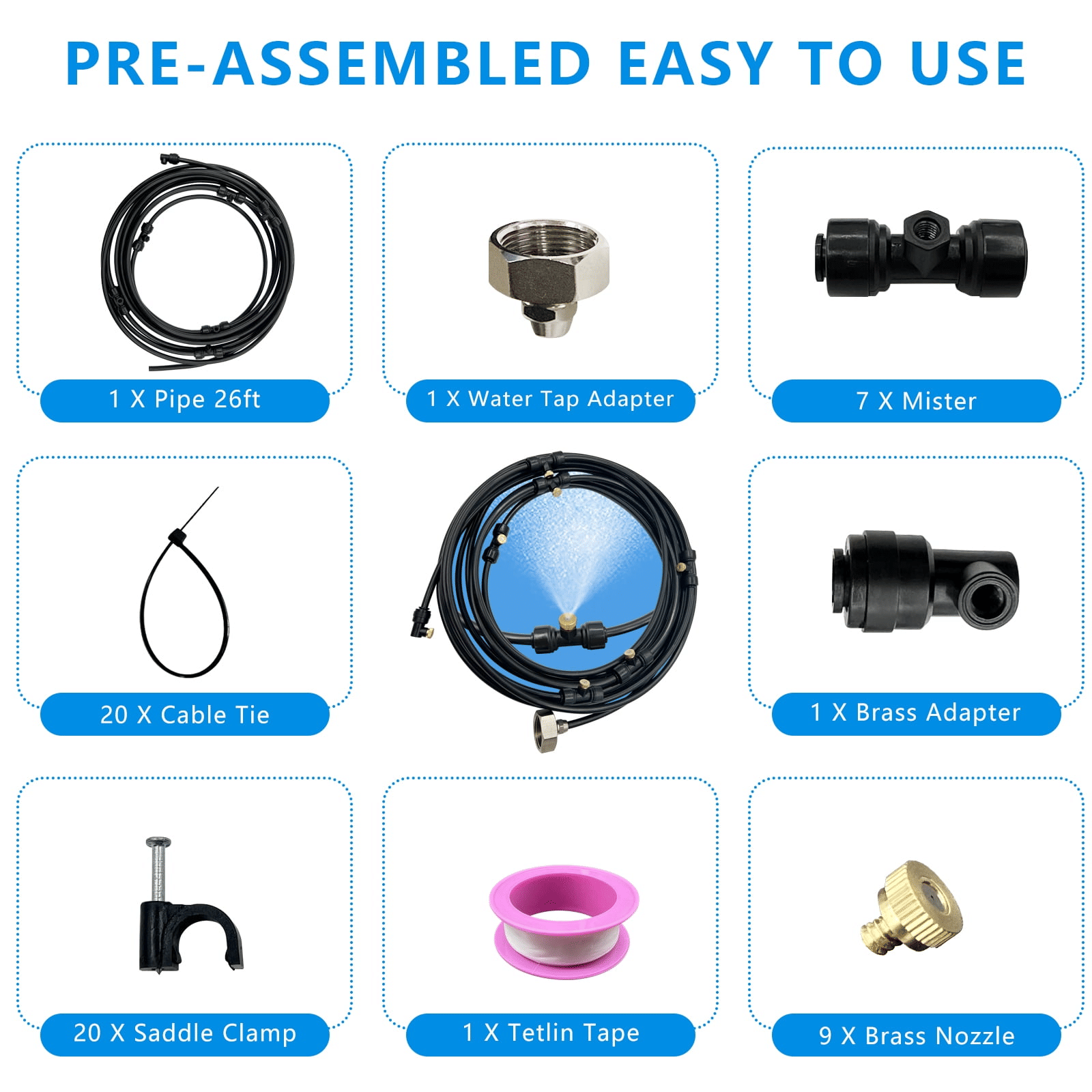 Misters for Outside Patio, 26Ft (8M) Outdoor Misting Cooling System, Water Misting Kit for Porch, Canopy, Deck, Garden, Yard, Trampoline Sprinkler Accessories for Kids, Black EasyOptionXY LLC