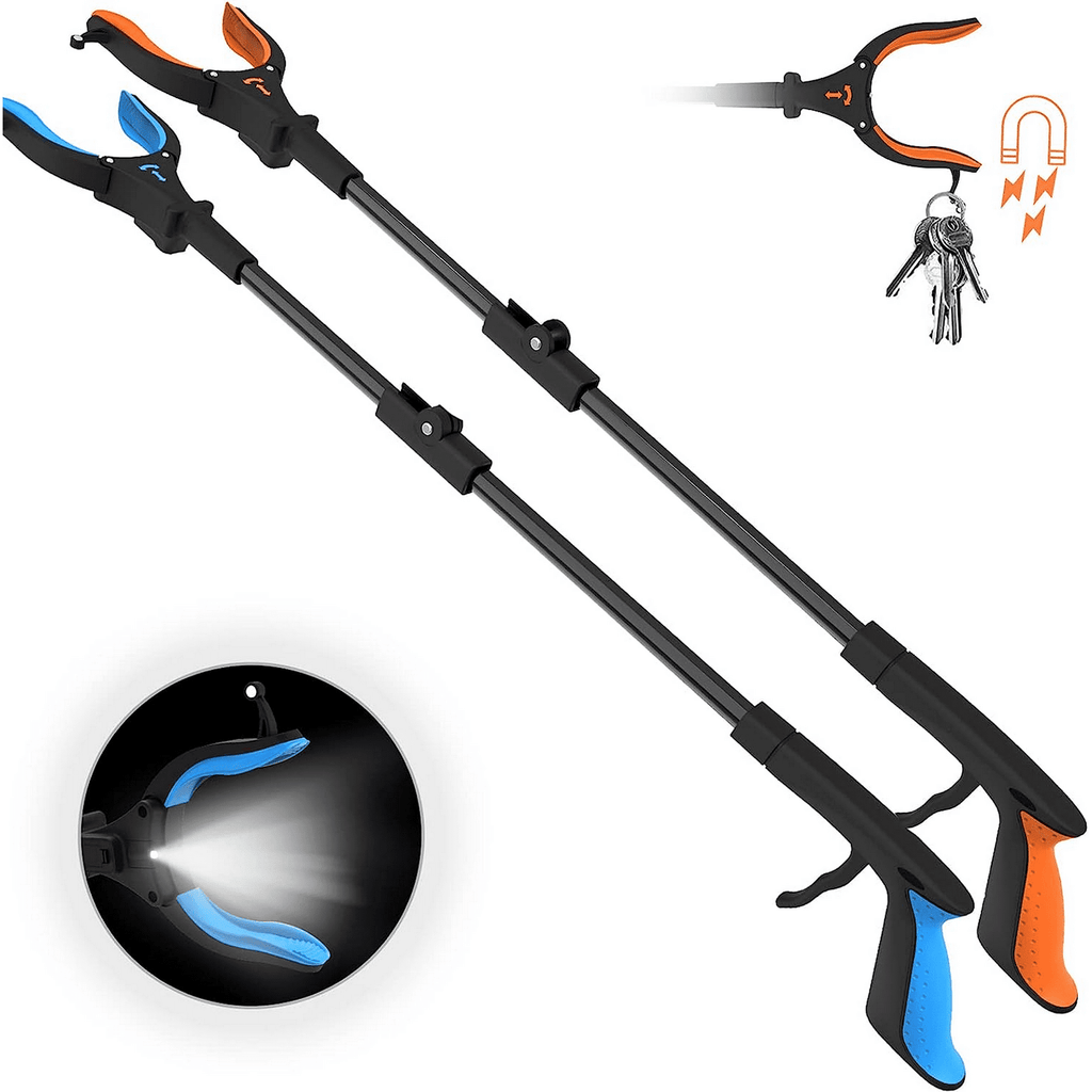 Kekoy 2 Pack Reacher Grabber Tool, 32" Foldable Claw Grabber with Light, Arm Extension(Blue/Orange)