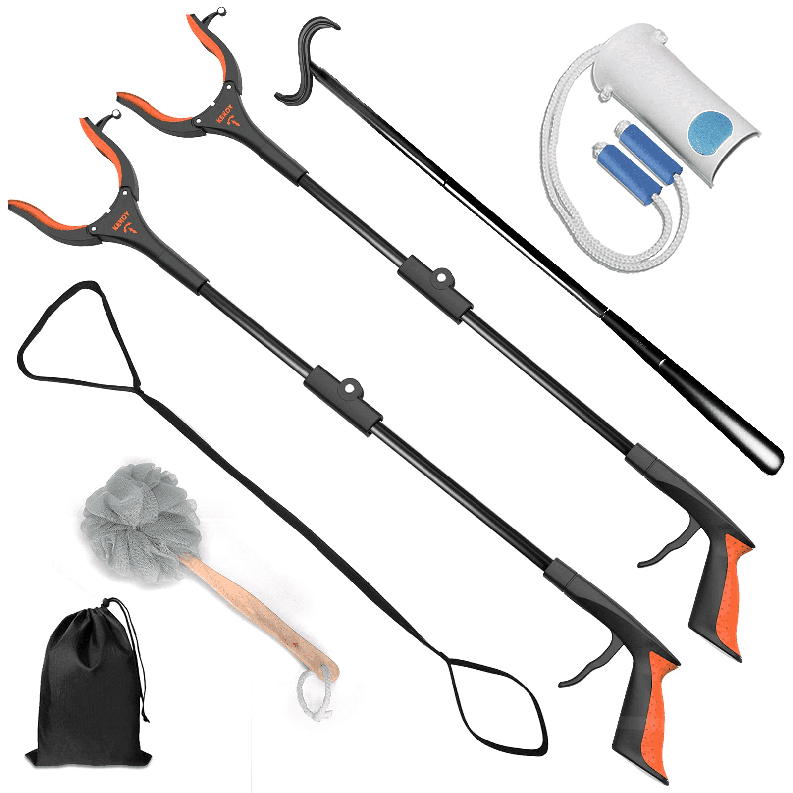 Kekoy 8 in 1 Hip Knee Replacement Kit with 2 Pack 32" Reacher Grabber Tool, Sock Aid, Long Shoe Horn & Dressing Stick, 48" Leg Lifter, Bath Sponge, Storage Bag, Ideal for Back or Knee Surgery Recovery EasyOptionXY LLC