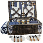 Extra Large Willow Picnic Basket with Service Set for 4 Persons, Natural Wicker Picnic Hamper with Free Food Cooler, Fleece Blanket and Tableware - Best Gift Lootquake LLC