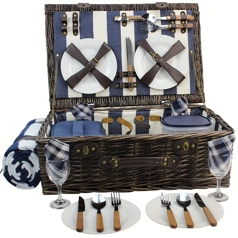 Extra Large Willow Picnic Basket with Service Set for 4 Persons, Natural Wicker Picnic Hamper with Free Food Cooler, Fleece Blanket and Tableware - Best Gift Lootquake LLC