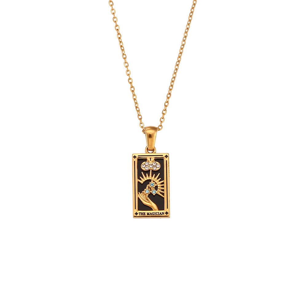Fashion Tarot Necklace With Rhinestones Diamond Set Pendant Stainless Steel Rectangular Drip Necklace Jewelry Pi-Mart