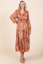 Flower Print Satin Lurex Stripe Smocked Midi Summer Dress – Elegant Midi Dress, Satin Lurex Dress, Floral Dress, Smocked Waist Dress, Romantic Midi Dress, Special Occasion Dress Stevvex