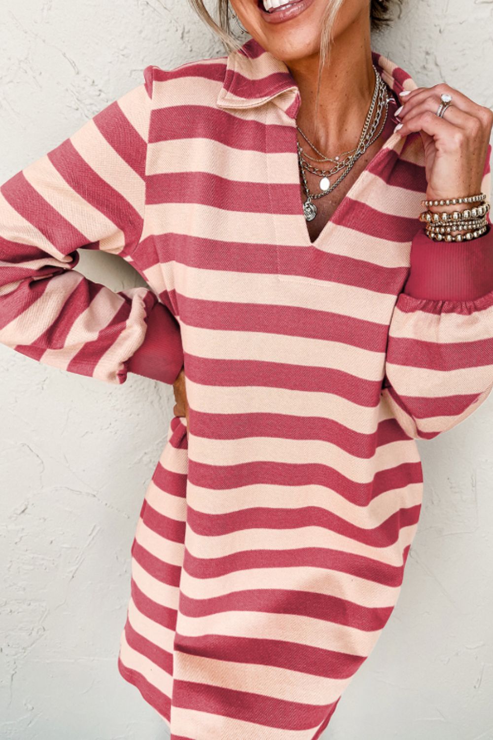 Classic Contrast Black Striped Collar Long Sleeve Mini Dress Stylish & Trendy Casual Dress for Women Stevvex