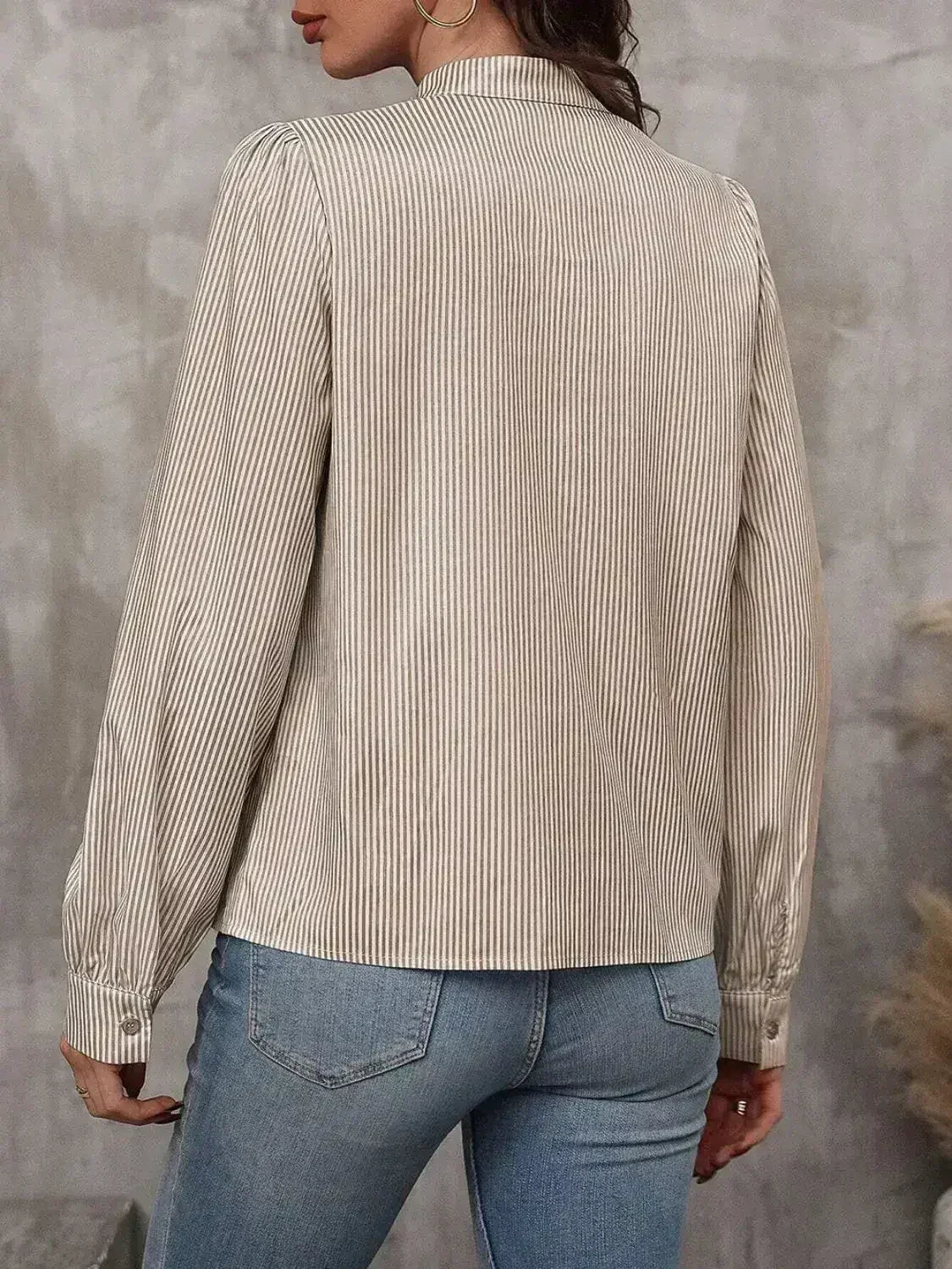 Striped Tie Neck Long Sleeve Blouse – Femstylo - SJB-DIAMOND ELITES