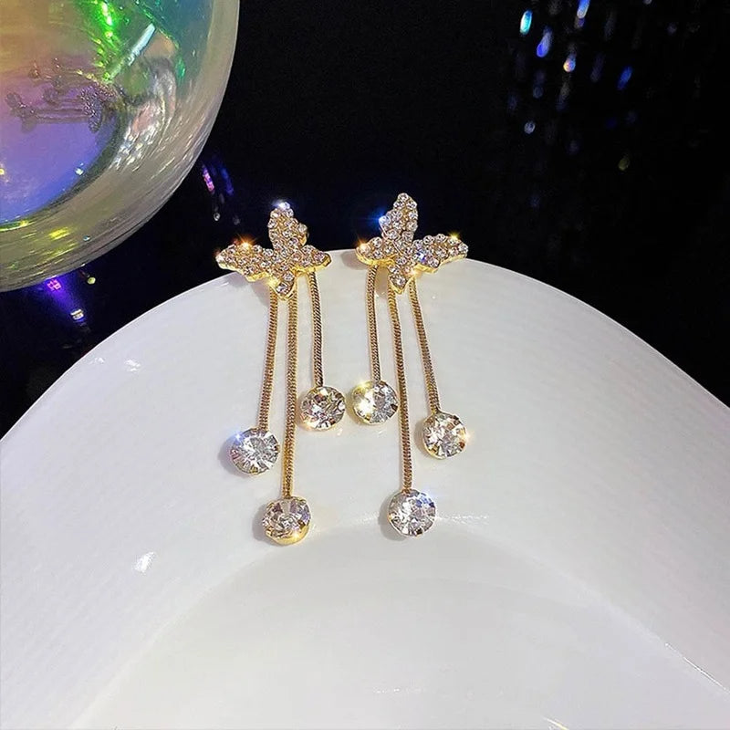 Fashion Jewelry Shiny Butterfly Rhinestone Drop Dangle Earrings Women Elegant Long Pearl Tassel Chain Pendant Party Jewelry Pi-Mart