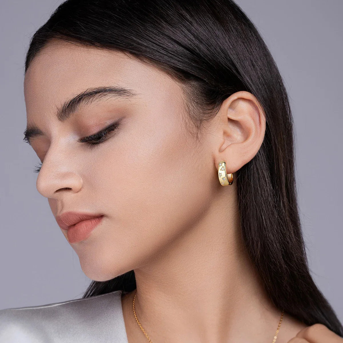 18K Gold Plated 925 Silver Hoop Earrings With Star Triangle Moissanite Accents BandsCo Straps