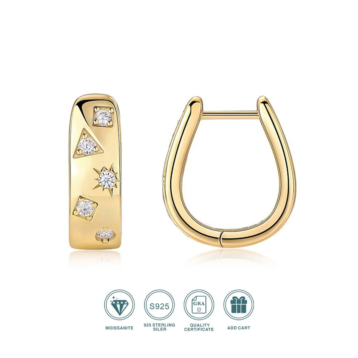 18K Gold Plated 925 Silver Hoop Earrings With Star Triangle Moissanite Accents BandsCo Straps