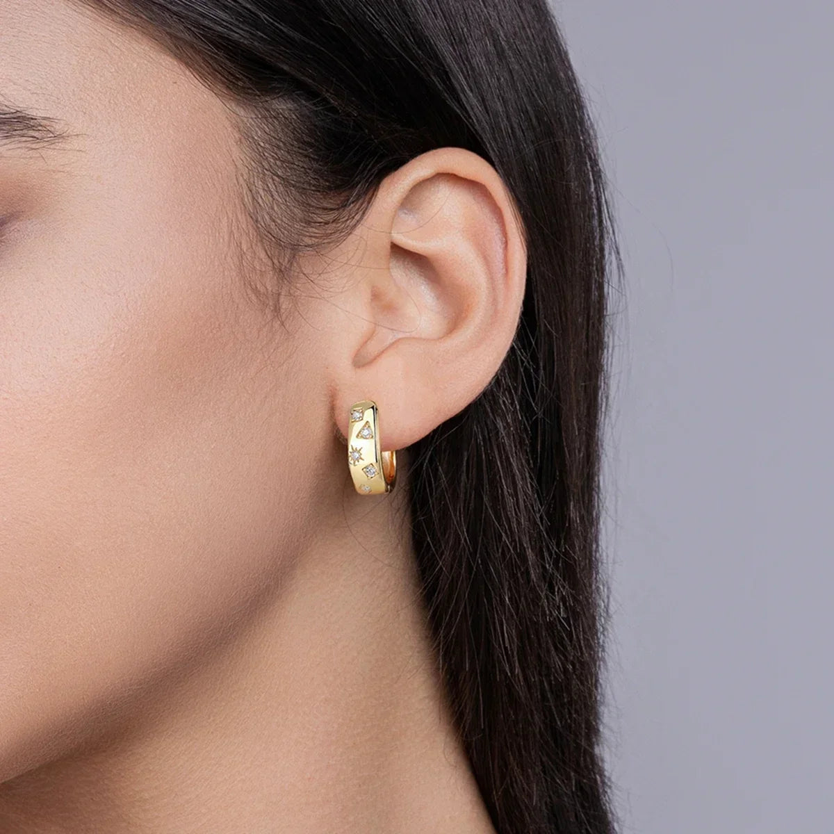 18K Gold Plated 925 Silver Hoop Earrings With Star Triangle Moissanite Accents BandsCo Straps