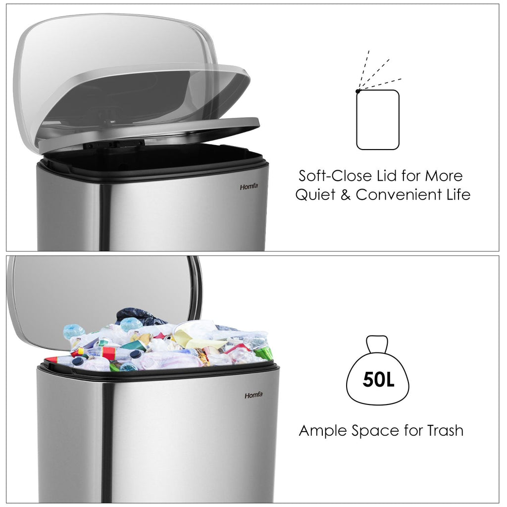Homfa Kitchen Trash Can, 13 Gallon (50L) Garbage Can Fingerprint Proof with Removable Inner Bucket And Hinged Lids, Pedal Soft Close Removablet, Sliver Finish EasyOptionXY LLC