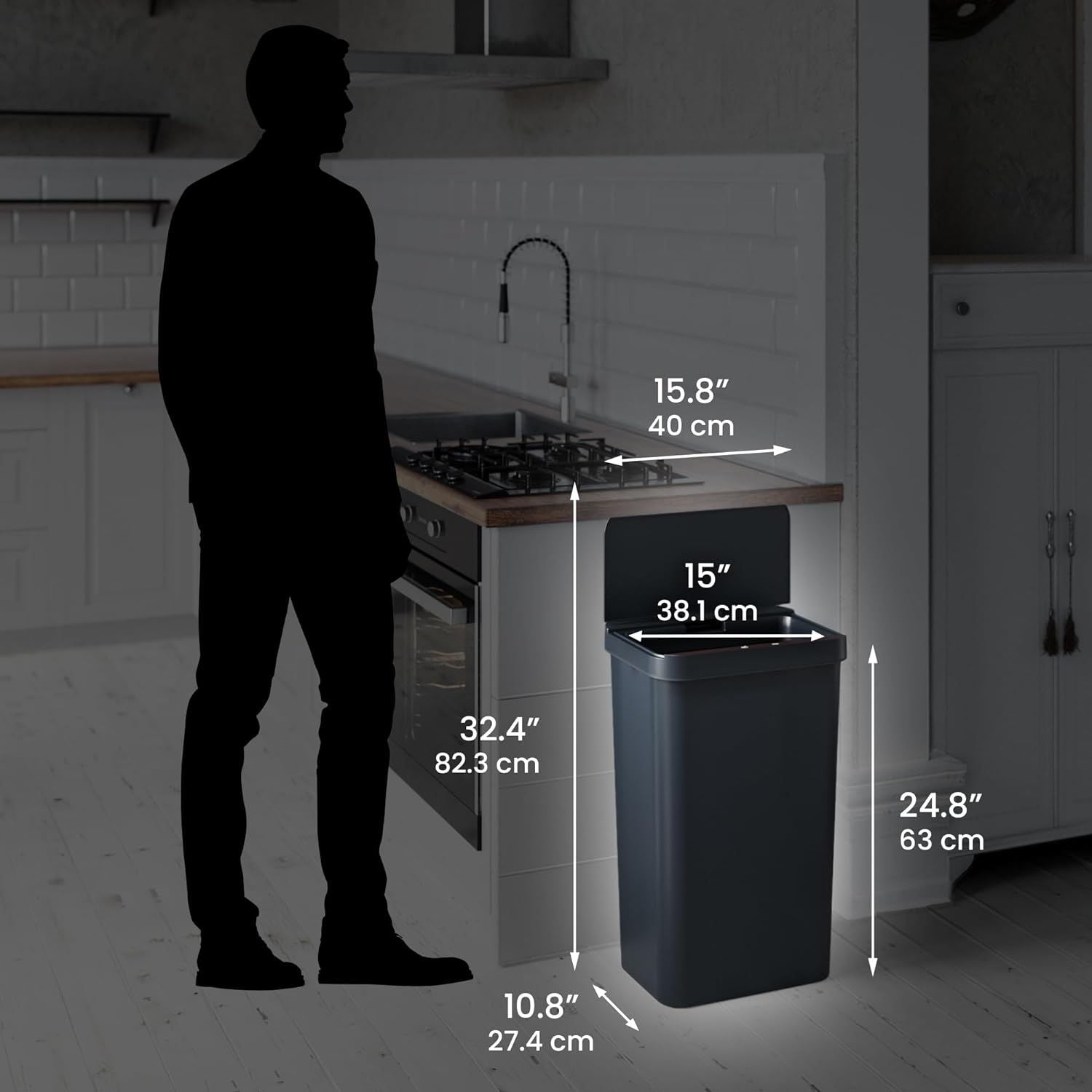 13.2 Gallon Black Plastic Sensor Trash Can Durable Dent-Proof 50 L Rectangular Slim Bin EasyOptionXY LLC