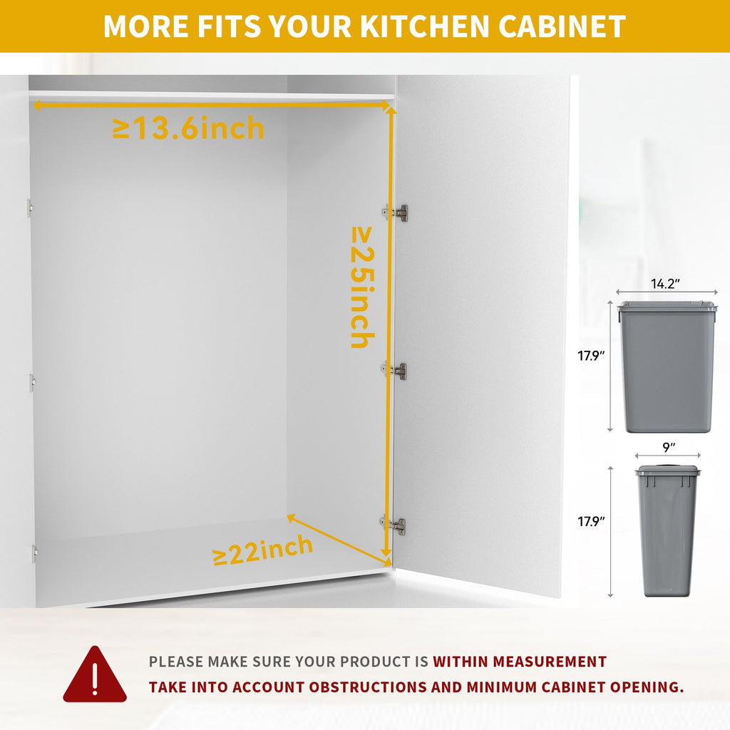 Dextrus 32 Quart Pull-Out Trash Can Recycling Bin with Lid for 14.2" W x 22" D x 24.8" H Minimum Cabinets, Sliding Under Mount Kitchen Waste Garbage Container with Soft-Close Slides, Gray - SJB-DIAMOND ELITES