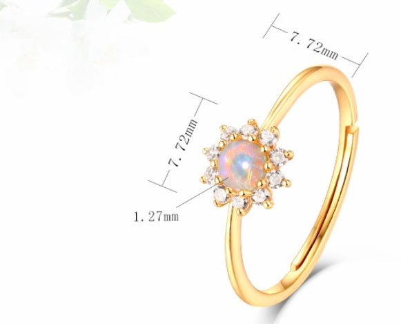 Opal White Zirconium Sun Flower 9K Gold Ring Pi-Mart