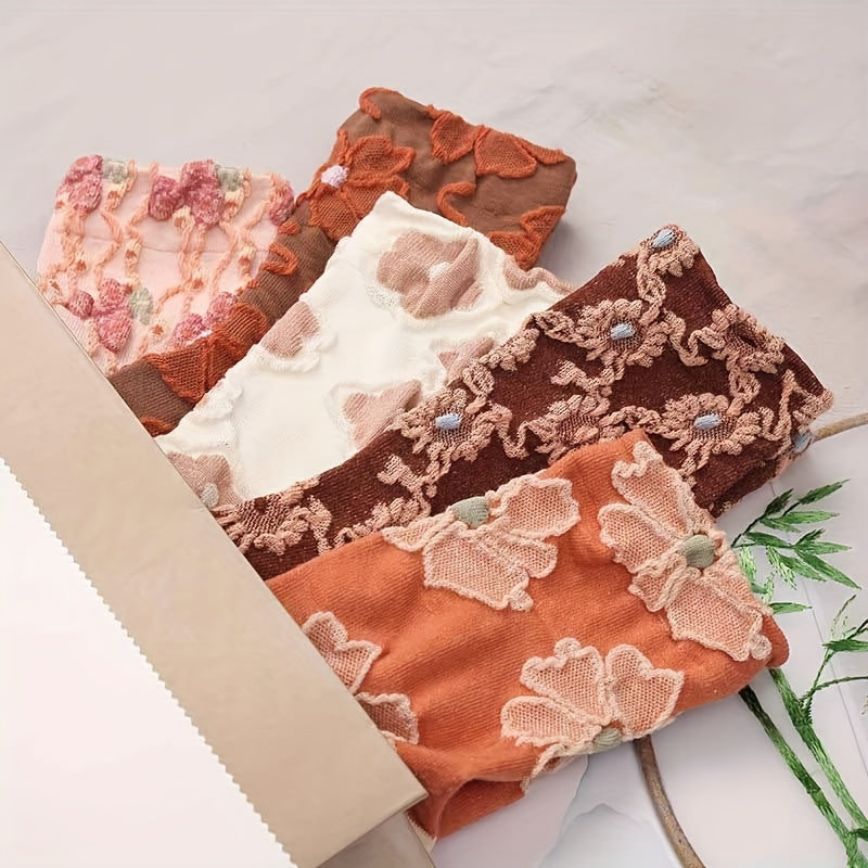 5 Pairs Floral Print Socks, Comfy & Breathable Mid Tube Socks, Women's Stockings & Hosiery Lootquake LLC