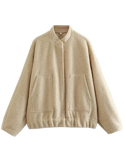 Autumn Casual Full Size Drop Shoulder Snap Down Jacket with Buttoned Front and Pockets Stevvex