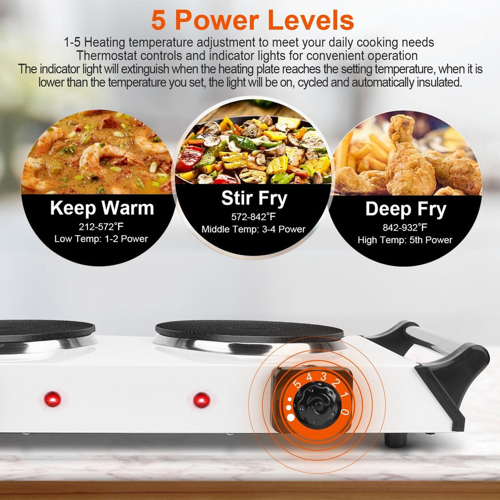 Black-White Options -- 2000W Electric Dual Burner Portable Coil Heating Hot Plate Stove Countertop RV Hotplate With 5 Temperature Adjustments Portable Handles
