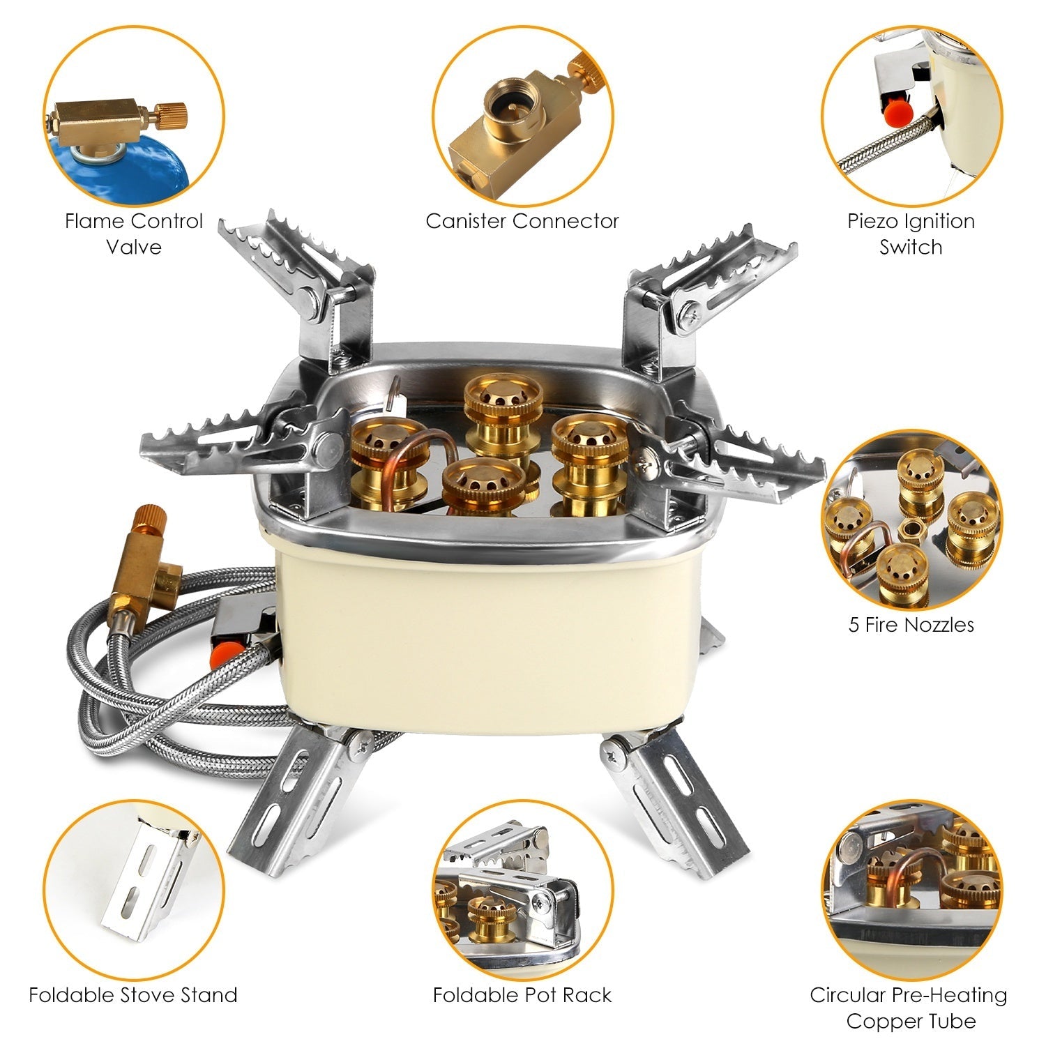 13000W Portable Windproof Camping Stove Five-head Gas Cooking Burner With Piezo Ignition Stepless Flame Control Fit For ISO-butane, Propane, Butane Fuel Tank For Backpacking Picnic Outdoor Cooking Pi-Mart