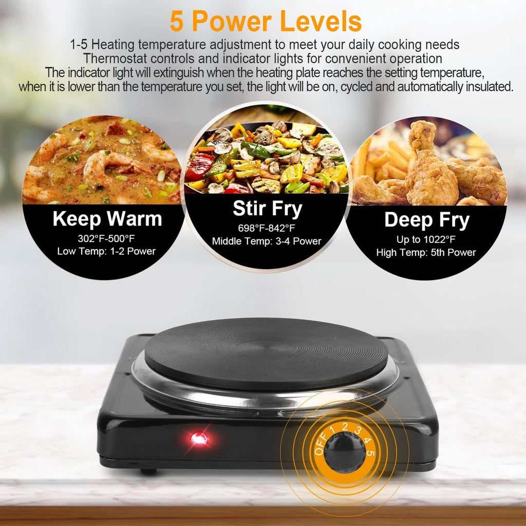 1500W Electric Single Burner Portable Heating Hot Plate Stove Countertop RV Hotplate With Non Slip Rubber Feet 5 Temperature Adjustments Pi-Mart